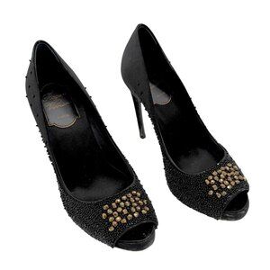 Roger Vivier Black Satin Embellished Peep Toe Heels - Size 5